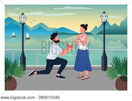 Romantic Proposal Flat Color Vector Illustration. Man On One Knee With Diamond Ring. Woman Excited O