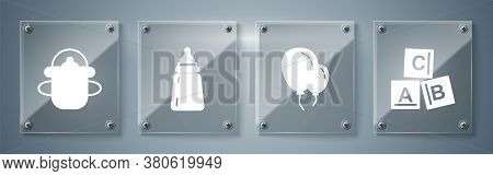 Set Abc Blocks, Balloons With Ribbon, Baby Bottle And Baby Bottle. Square Glass Panels. Vector