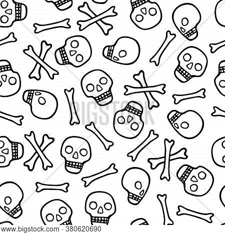 Skulls And Bones Seamless Pattern. Black And White Hand Drawn Doodle Background For Halloween And Di