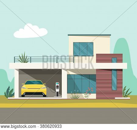 Modern House And Electric Car On Charging Against The Background Of An Abstract Landscape. Vector Il