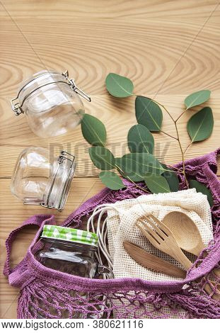 Cotton Bags, Net Bag With Reusable  Glass Jars And Bamboo Cutlery. Zero Waste Concept. Eco Friendly.