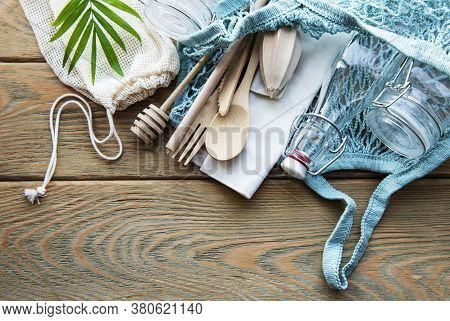 Cotton Bags, Net Bag With Reusable  Glass Jars, Bamboo And Wooden Cutlery. Zero Waste Concept. Eco F