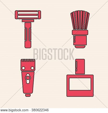 Set Aftershave, Shaving Razor, Shaving Brush And Electrical Hair Clipper Or Shaver Icon. Vector