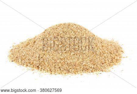 Pile Of Bread Crumbs Isolated On White. Natural Food Ingredient.