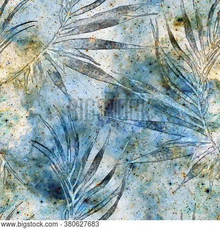 Tropical Seamless Pattern.  Fashion Hand Drawn Texture. Blue Galaxy Background. Tropical Seamless Pa