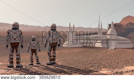 Family Colonists Immigrants To Mars, A Man, A Woman And A Child Admire The Martian Landscape, The Ci