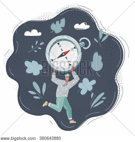 Vector Illustration Of Man Searching Direction With A Compass On Dark Background.