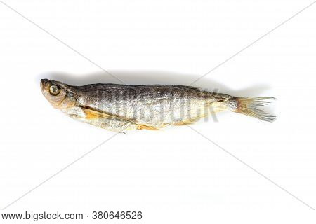 Isolated Close Up Top View Single Dried Salted Chehon Fish On A White Background