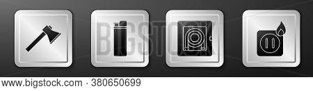 Set Firefighter Axe, Lighter, Fire Hose Cabinet And Electric Wiring Of Socket In Fire Icon. Silver S