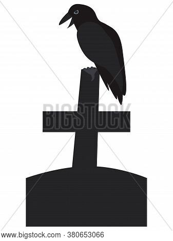 Vector Illustration Raven Is Sitting On Cross Tombstone On A White Background. Halloween Design