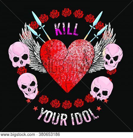 T-shirt Vector Design Of A Red Heart With White Wings In A Circle Of Pink Skulls Isolated On Black.