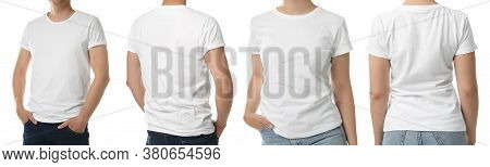 Man And Woman In T-shits On White Background, Closeup. Mockup For Design
