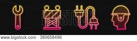 Set Line Electric Plug, Wrench Spanner, Road Barrier And Worker Safety Helmet. Glowing Neon Icon. Ve