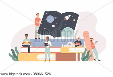 Readers. Tiny Young People Sitting And Lying On Giant Books Stack, Reading And Studying Literature, 