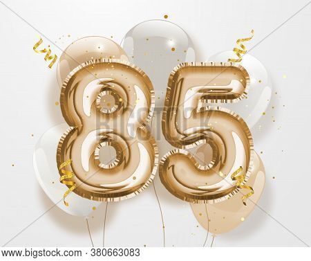 Happy 85th Birthday Gold Foil Balloon Greeting Background. 85 Years Anniversary Logo Template- 85th 