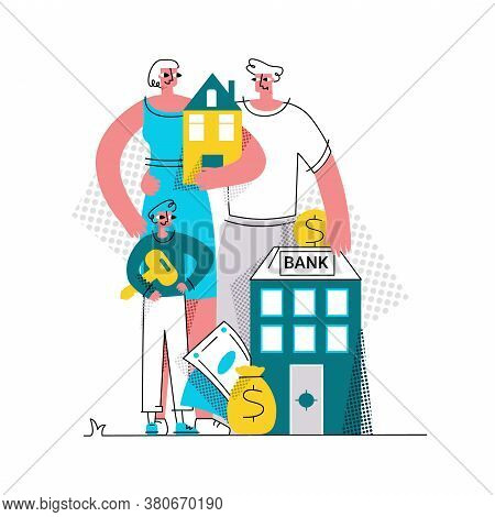 Vector Flat Abstract Illustration Of Family Who Bought House With Mortgage. At Bottom Is Bank Where 