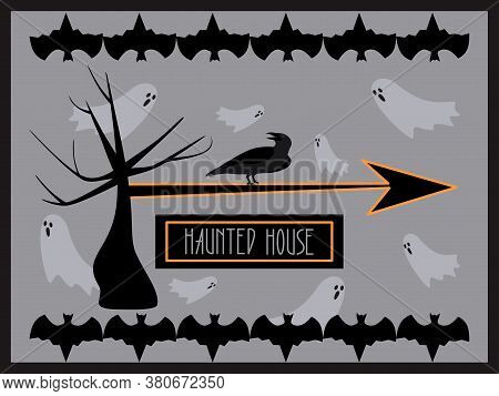 Haunted House Banner. Halloween Design. Horizontal Vector Illustration For Advertisement. Copy Space