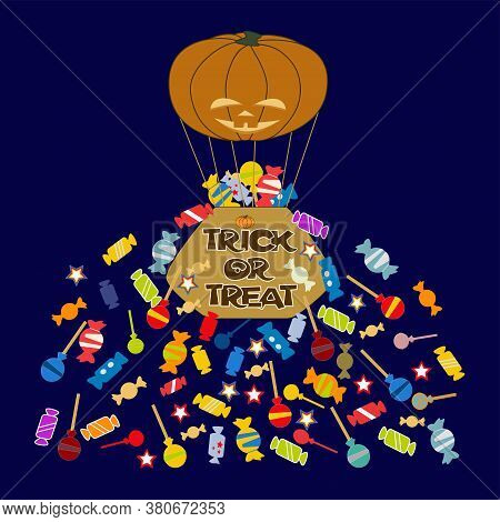 Trick Or Treat Halloween Candies In Pumpkin Balloon. Sweet  Treats For Children. Vector Illustration