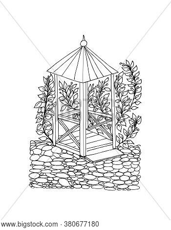 Anti-stress Coloring Black And White Vector Drawing, Drawn By Hand. Illustration Of A Summer Gazebo,