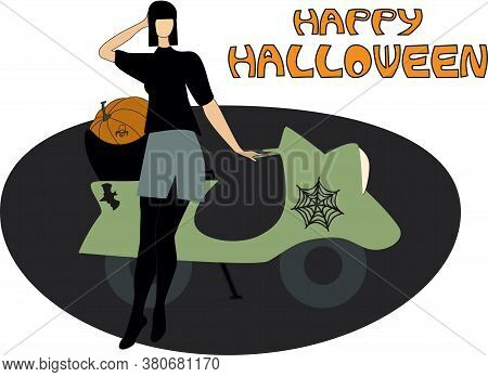 Happy Halloween Vector Horizontal Illustration. Girl, Scooter And Pumpkin.