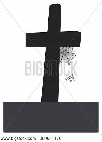 Cross Tombstone. Spider And Spider Web. Vector Illustration For Halloween Design.  Isolated On A Whi