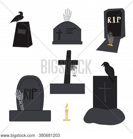 Halloween Vector Set Of Tombstones. Isolated On White Background