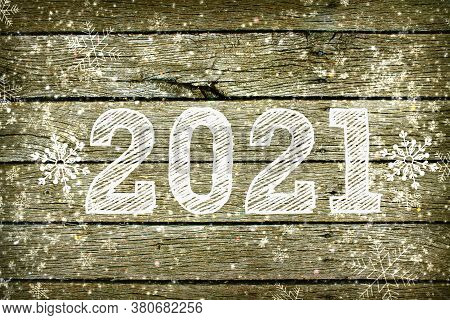 2021 New Year. Old Wooden Wall Texture.various Old Textured Wooden Boards With White Snowflakes. Bac