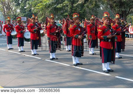 Kolkata, West Bengal, India - 26th January 2020 : Marh Past Of Indian Army Officers Dressed As Music