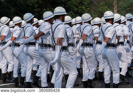 Kolkata, West Bengal, India - 26th January 2020 : Marh Past Of White Dressed Kolkata Police Officers