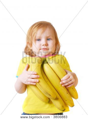 Flicka med banan isolerad på vit