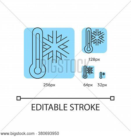Frigid Temperature Turquoise Linear Icons Set. Weather Prediction. Thermometer With Snowflake. Thin 