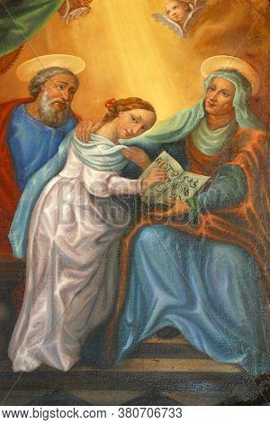 ROZGA, CROATIA - SEPTEMBER 15, 2012: Education of the Virgin Mary, main altar at St. Anne Church in Rozga, Croatia