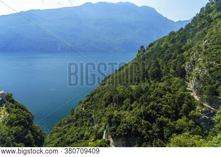Path Of Ponale, On The Garda Lake, Trentino, Italy, Made From The Old Road From The Ledro Valley