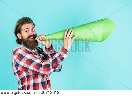 Freedom In Veins. Make It Heard. Oratory And Rhetoric. Mature Crazy Mad Man Pose With Megaphone. Ann