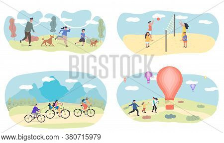 Vector Illustration Of Family Sports Vacation. Concept Of Happy People Have Activity And Fun Outdoor