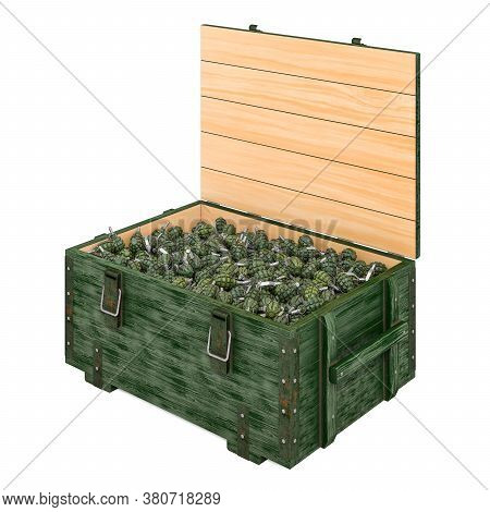 Ammo Crate With Hand Grenades, 3d Rendering Isolated On White Background