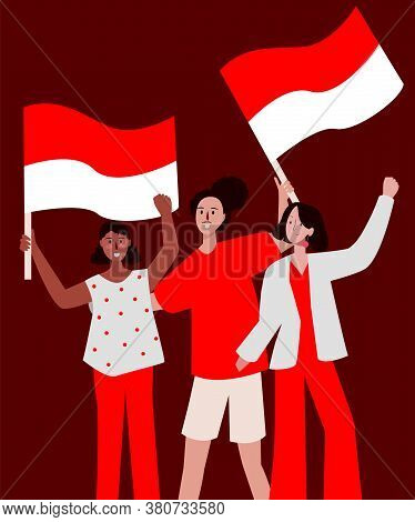 Group Lady Very Happy Smile Holding Red White Flag Celebration Indonesian Independence