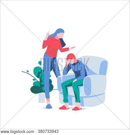 Wife Shouting At Husband. Upset Man Sitting On Armchair. Husband And Wife Characters Arguing And Qua