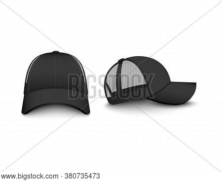 Template Of Trucker Cap With Mesh Set Realistic Vector Illustrations Isolated.