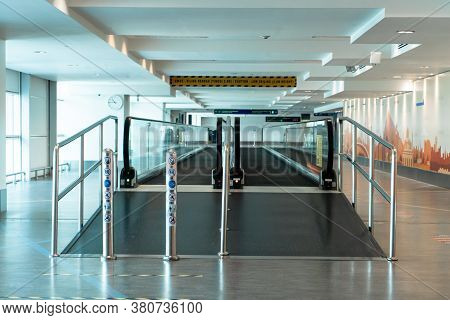A Travelator In An Empty Airport Corridor During The Coronavirus Pandemic. Kuala Lumpur / Malaysia -