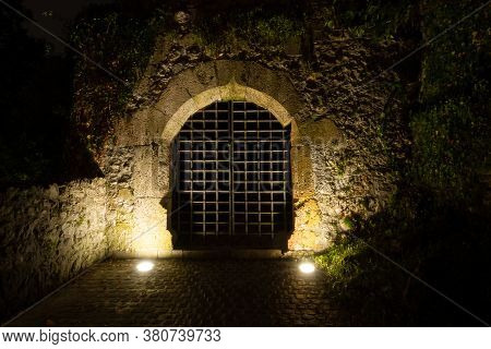 Kamnik, Slovenia - August 2, 2020: Steel Mesh Door Of The Castle Walls In Kamnik