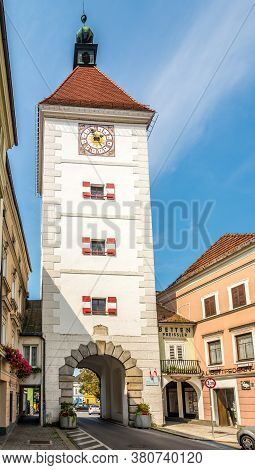 Wels,austria - August 11,2020 - View At The Lederturm Tower In The Streets Of Wels. Wels Is A City I
