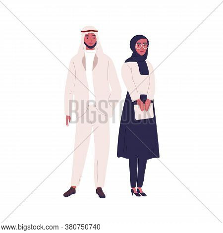 Muslim Couple Of Arabian People Wearing Traditional Modern Outfit. Woman In Hijab Holding Tablet. Sa