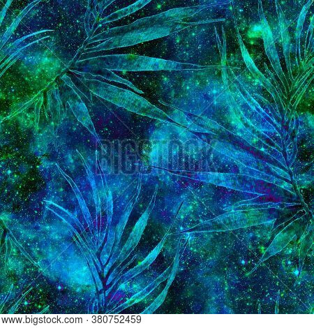 Exotic Seamless Pattern. Fashion Hand Drawn Texture. Turquoise Cosmic Background. Exotic Seamless Pa