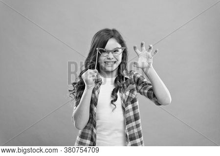 Childhood Happiness. Child In Good And Positive Mood. Looking Smart In Glasses. Aggressive Small Gir