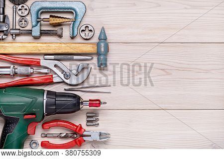 A Set Of Tools For Doing Household Chores. Background Of Household Tools. Close-up, Studio Shot, Cop