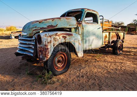 Solitaire, Namibia - Jul 12, 2019: Wrecked Cars Lie Abandoned In The Desert Surrounding Solitaire In