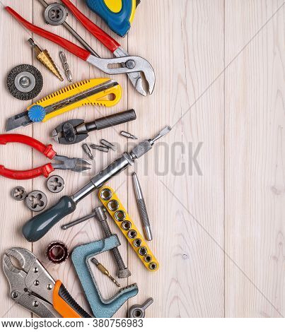 Photo Of Various Home Tools. Everyday Tools For Repair Work. Studio Shot, Close-up.