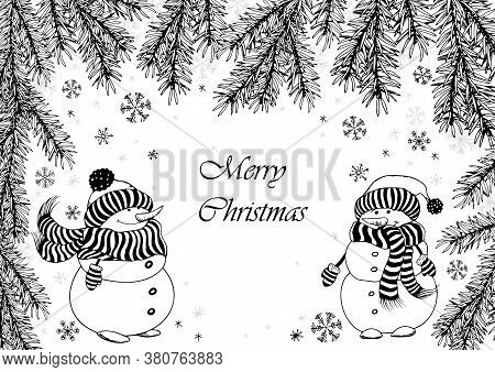Christmas Card With Snowmen And Fir Branches. Black And White Vector Doodle Illustration.