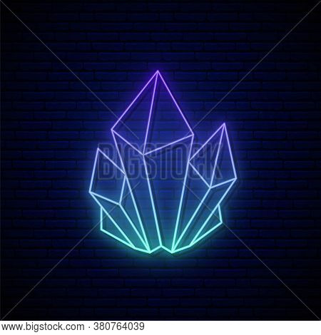 Crystal Neon Sign. Blue Glowing Crystal Emblem. Concept Of Growing Minerals Or Crystals In Neon Styl